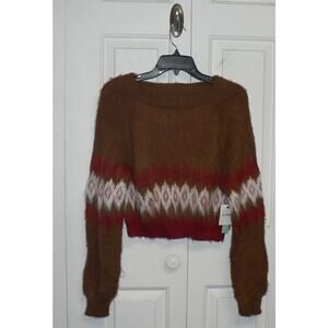 Abound Women's Fuzzy Knit Long Sleeve Crop Sweater Rust Pumpkin Fair Isle Small